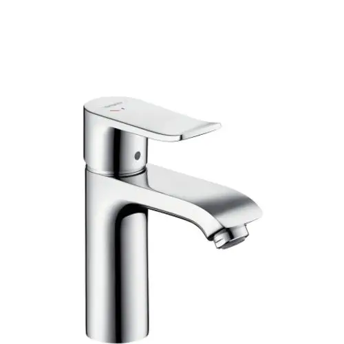 Einhebel-Waschtischmischer aus Chrom von Hansgrohe mit seitlichem Hebel und einem Wasserhahn, der an einem Waschbecken montiert ist.